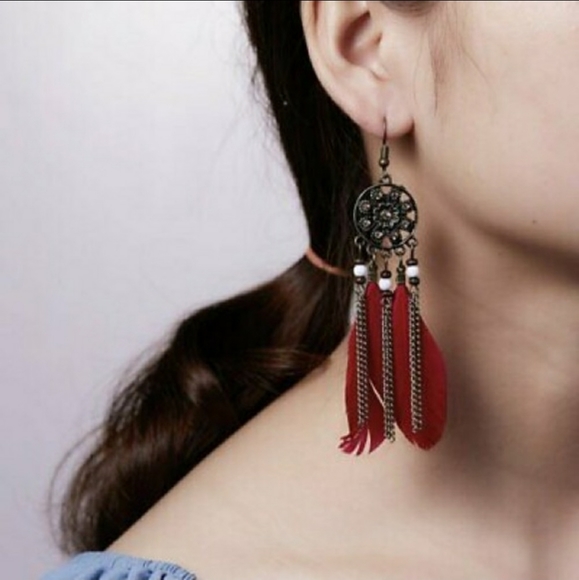 SOLD Floral medallion tassel feather earrings - Picture 3 of 3